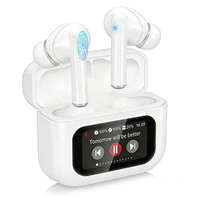 PIPIMOO wireless earbuds with full-color display showing battery and status