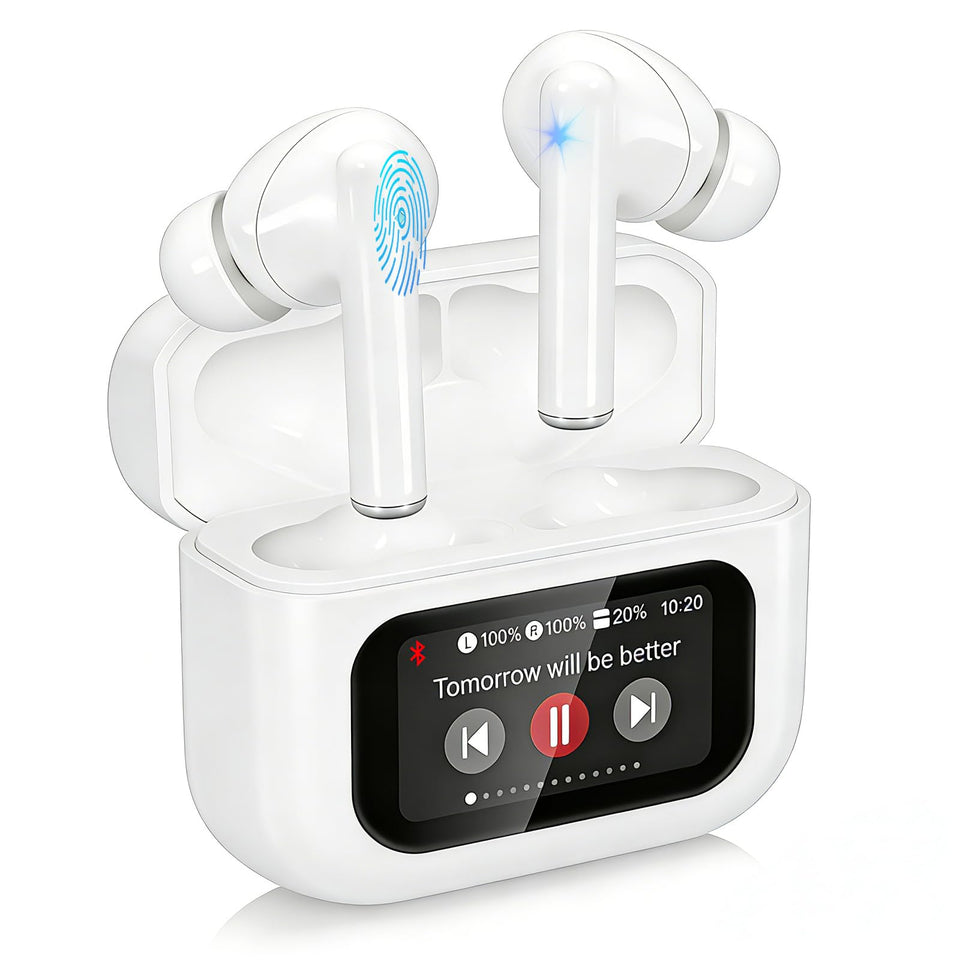 PIPIMOO wireless earbuds with full-color display showing battery and status