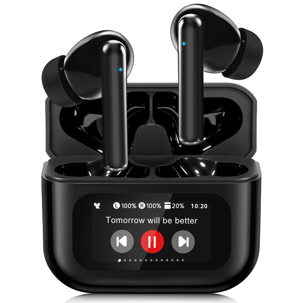 PIPIMOO wireless earbuds with LED touch display showing battery and Bluetooth status.