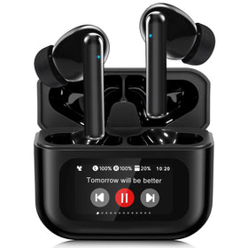 PIPIMOO wireless earbuds with LED touch display showing battery and Bluetooth status.