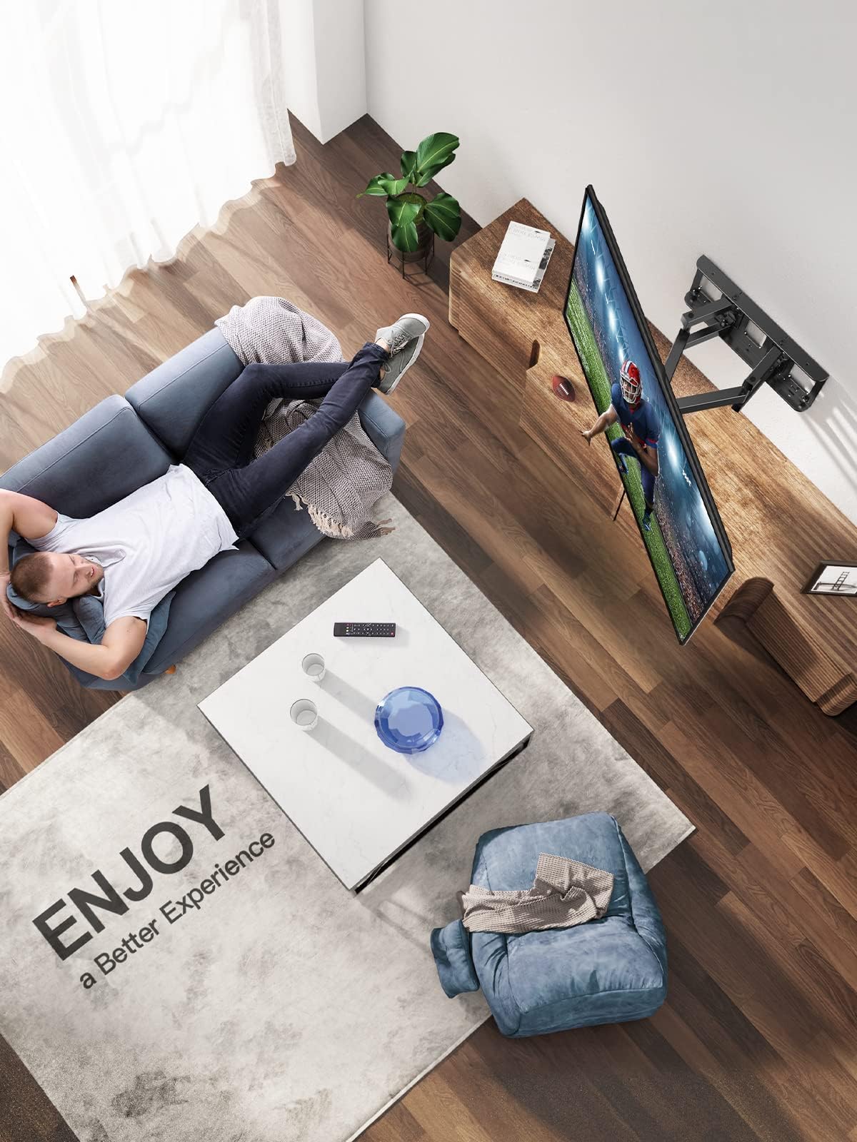 Pipishell mounted TV in living room showing flexible viewing benefit