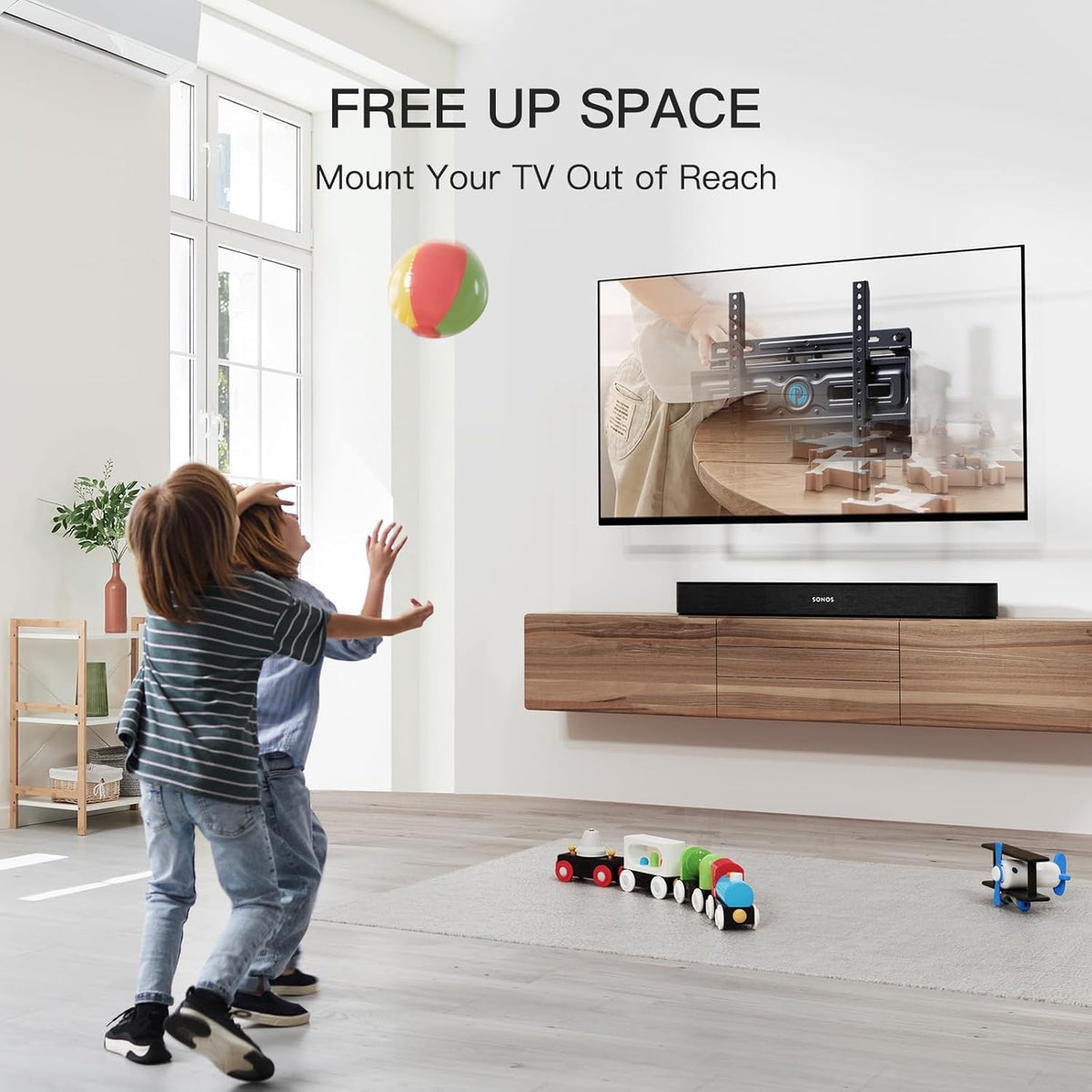 Pipishell mounted TV in living room showcasing ergonomic viewing benefit