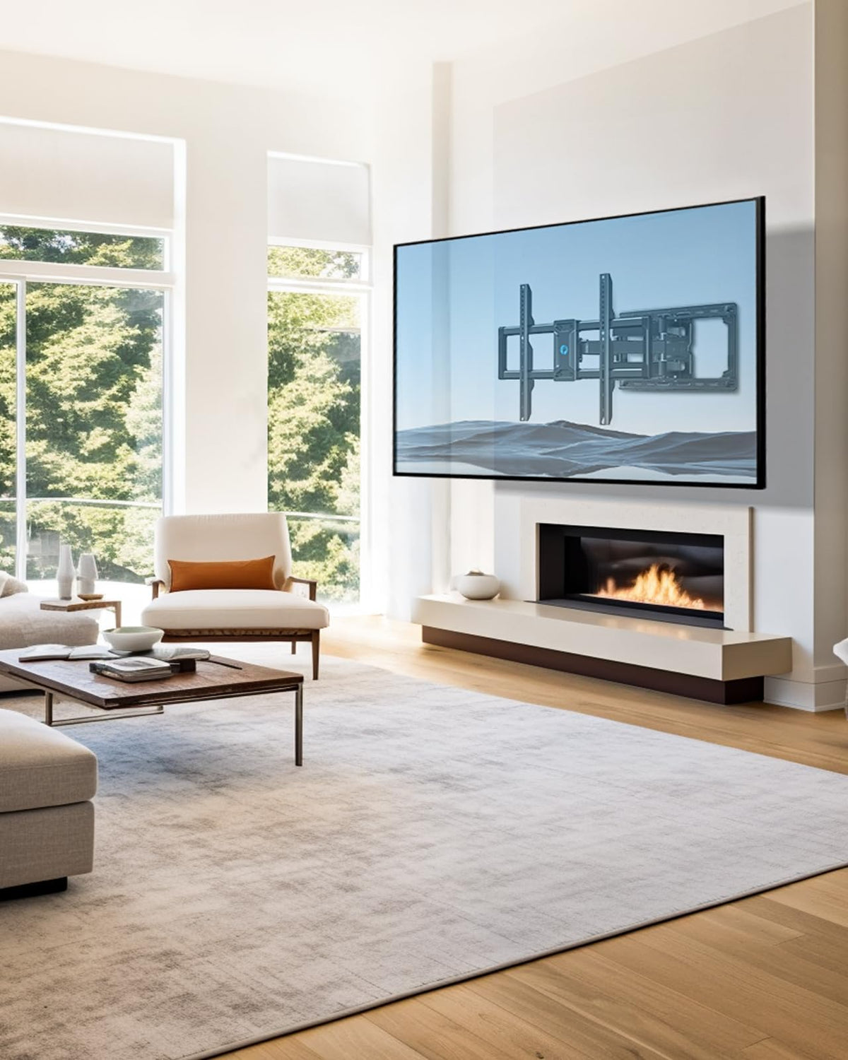 Pipishell living room installation displaying adjustable viewing and tidy cable routing