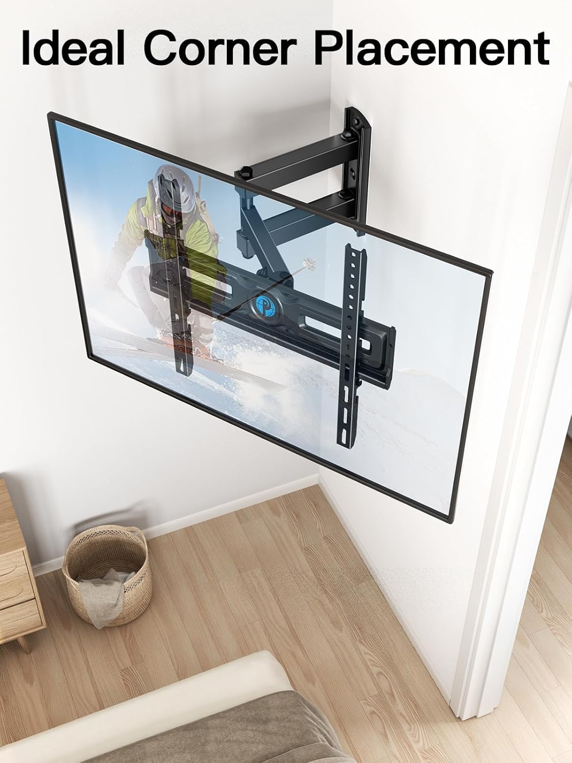 Pipishell mounted curved TV in a corner optimizing space and sightlines