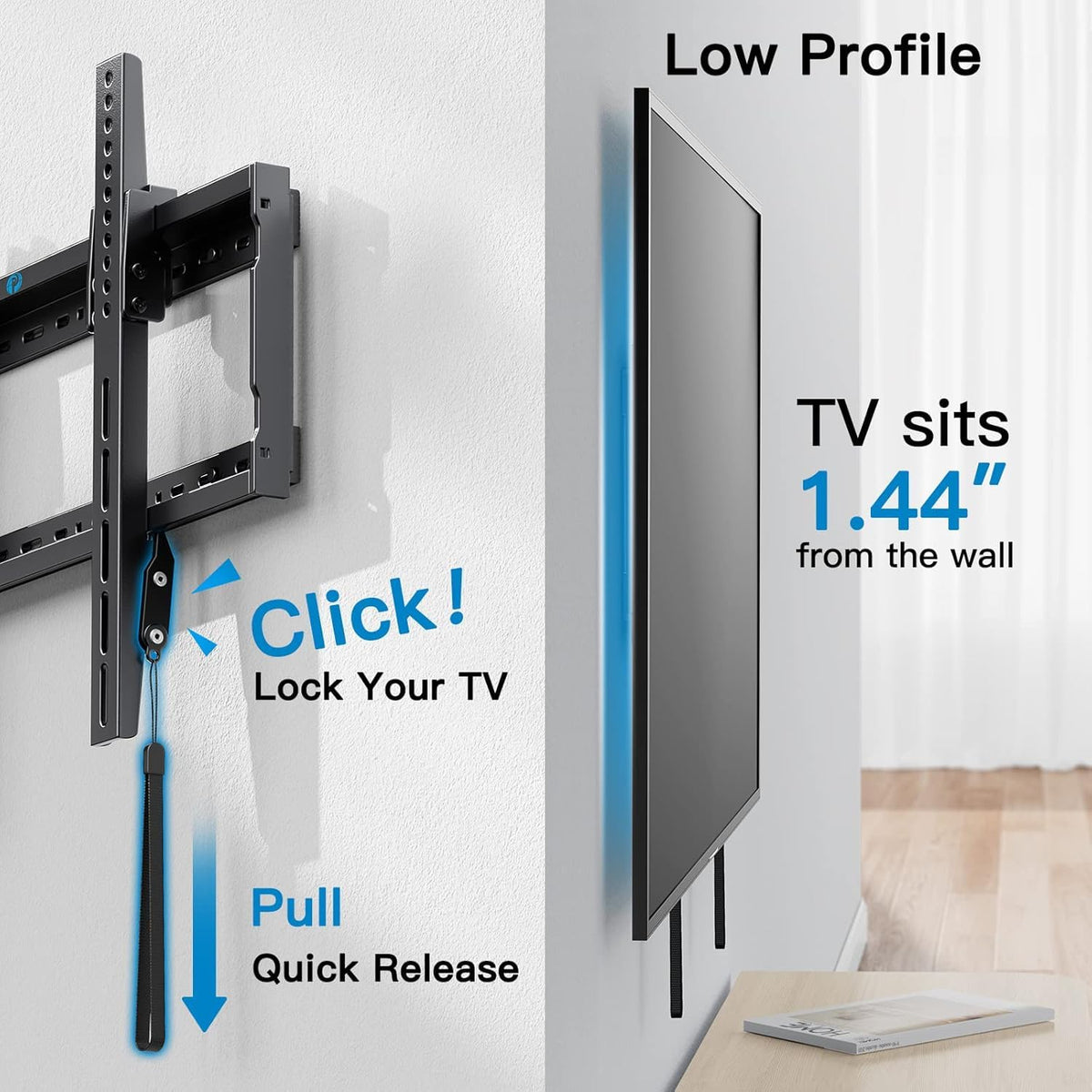 Pipishell mounted TV in living room improving viewing comfort benefit