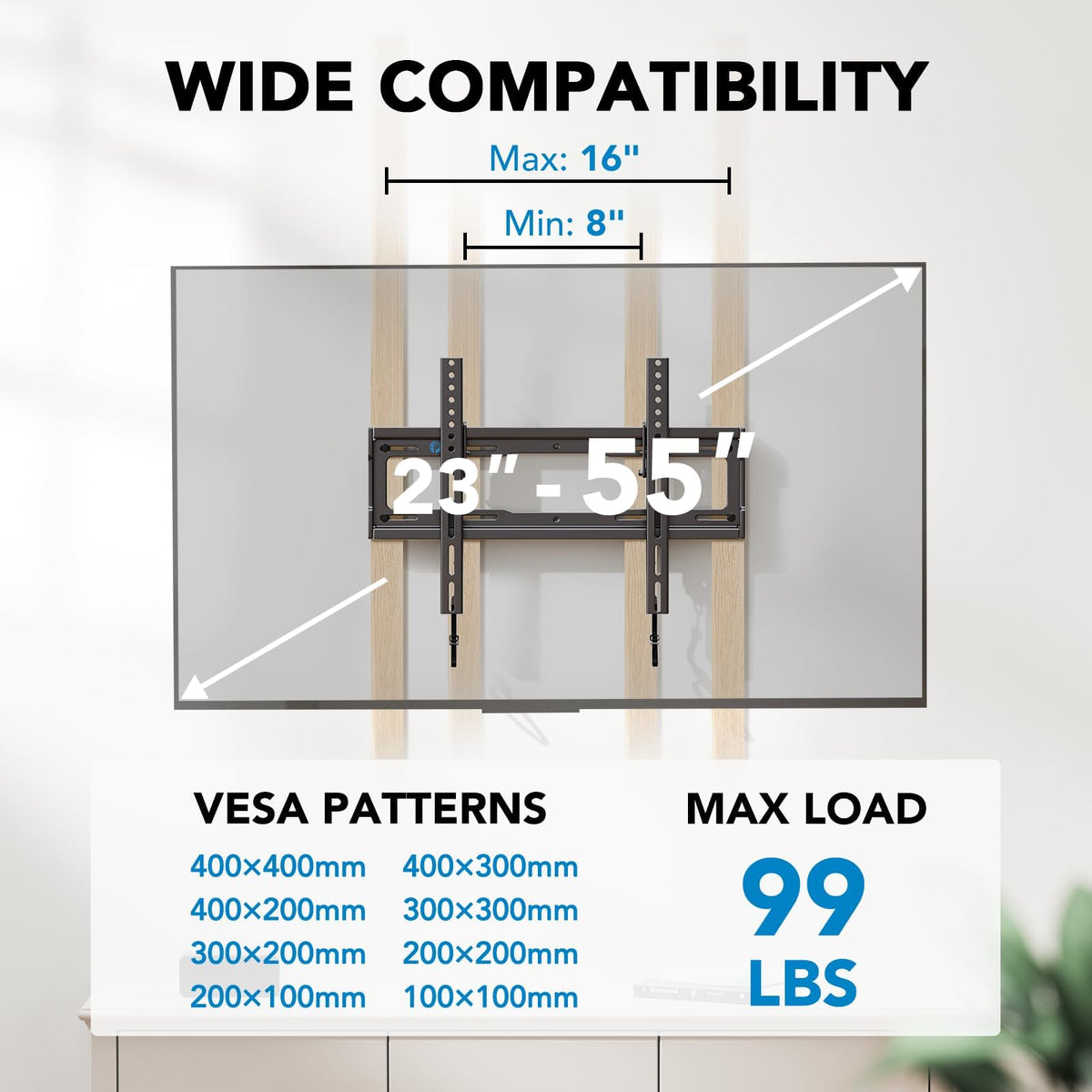 Pipishell wall mount aligned to VESA 400x400 for versatile TVs.