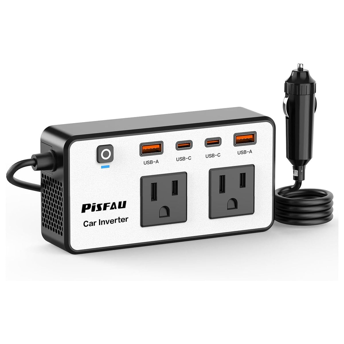 PiSFAU 300W car inverter front view with port-rich design for all-day charging