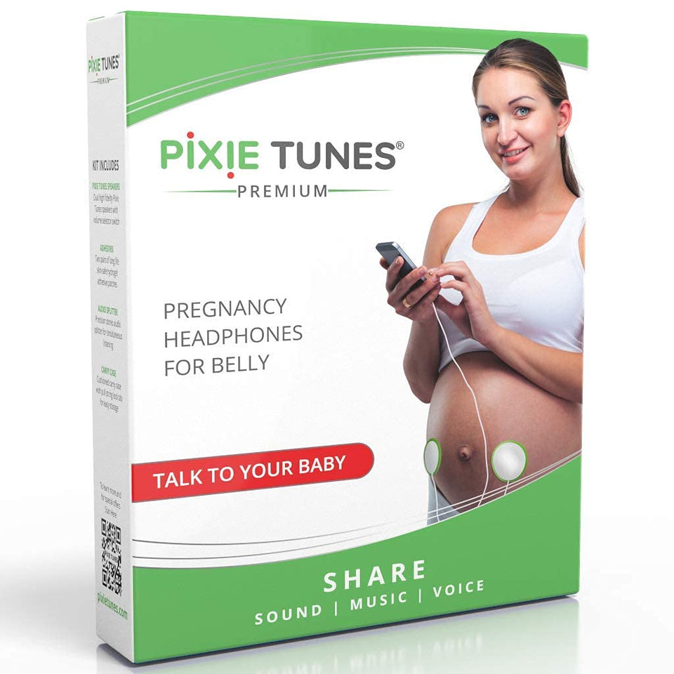 Pixie Tunes front packaging showing product and benefits for prenatal bonding