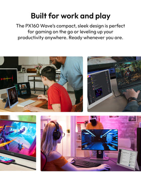 Pixio PX160 Wave Pink back panel showing USB-C and HDMI ports for universal compatibility