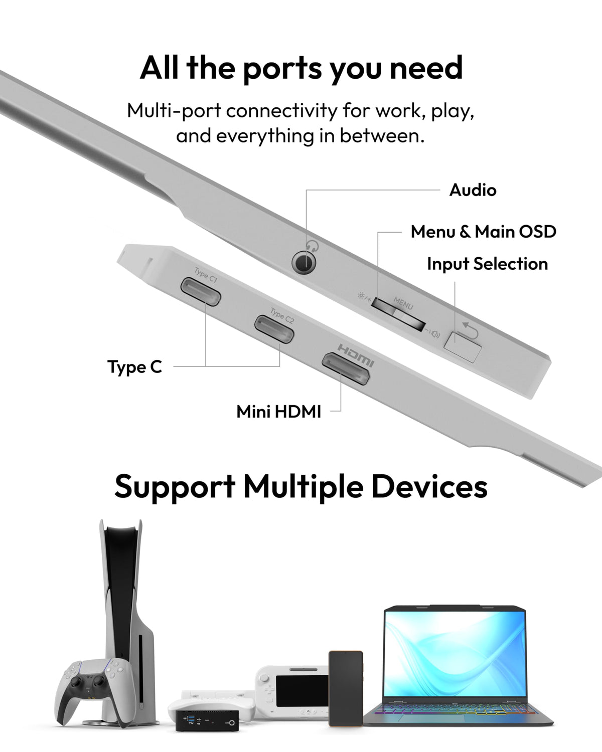 Pixio PX160 Wave White portable monitor in white edition for travel-friendly style and performance.