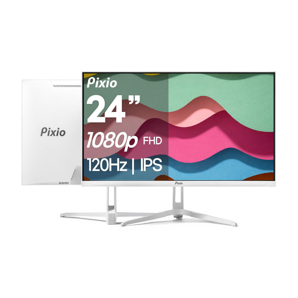 Pixio PX246 Wave 24 front view highlighting compact desk footprint and slim profile.