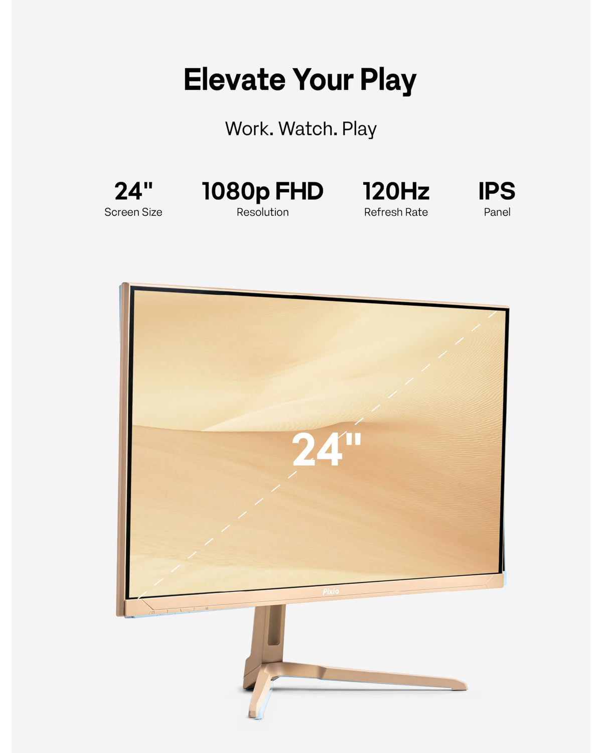 Pixio PX246 Wave Beige IPS panel closeup reveals vibrant colors and wide viewing angles.