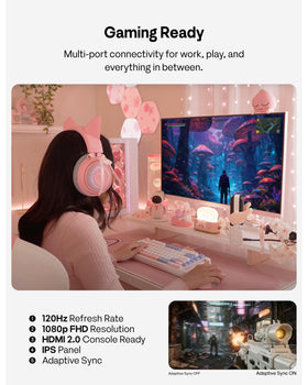 Pixio PX246 Wave Pink gaming setup scene illustrates immersive 1080p visuals.