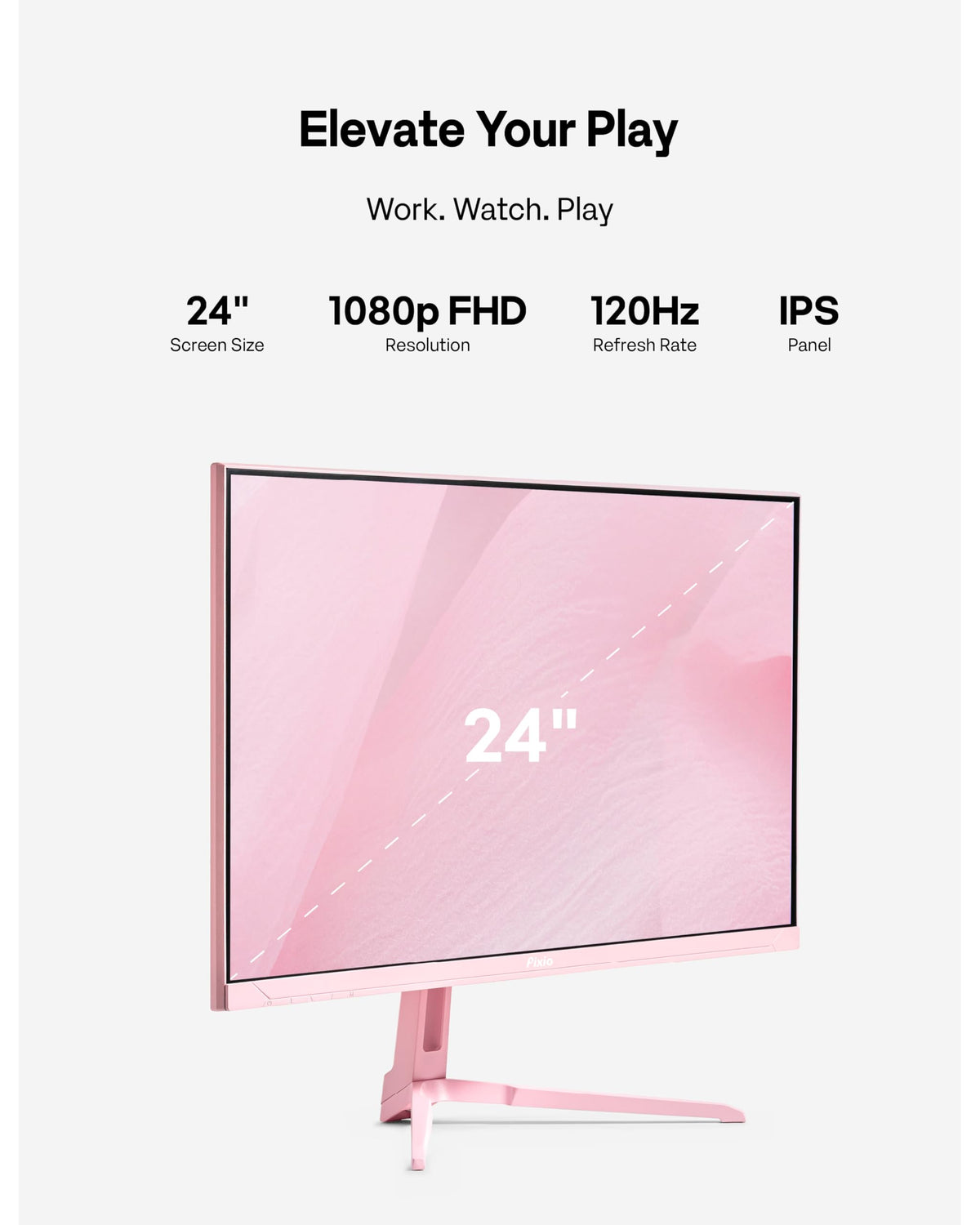 Pixio PX246 Wave Pink IPS panel close-up emphasizes vibrant colors and wide viewing angles.