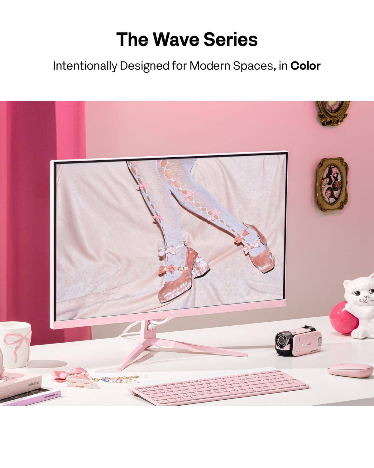Pixio PX246 Wave Pink side profile shows space-saving design for versatile setups.