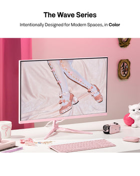 Pixio PX246 Wave Pink side profile shows space-saving design for versatile setups.