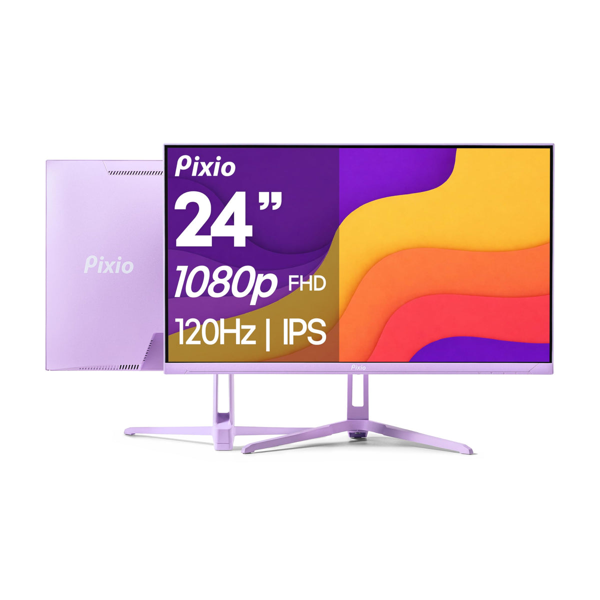 Pixio PX246 Wave Purple front view showing slim profile for compact setups.
