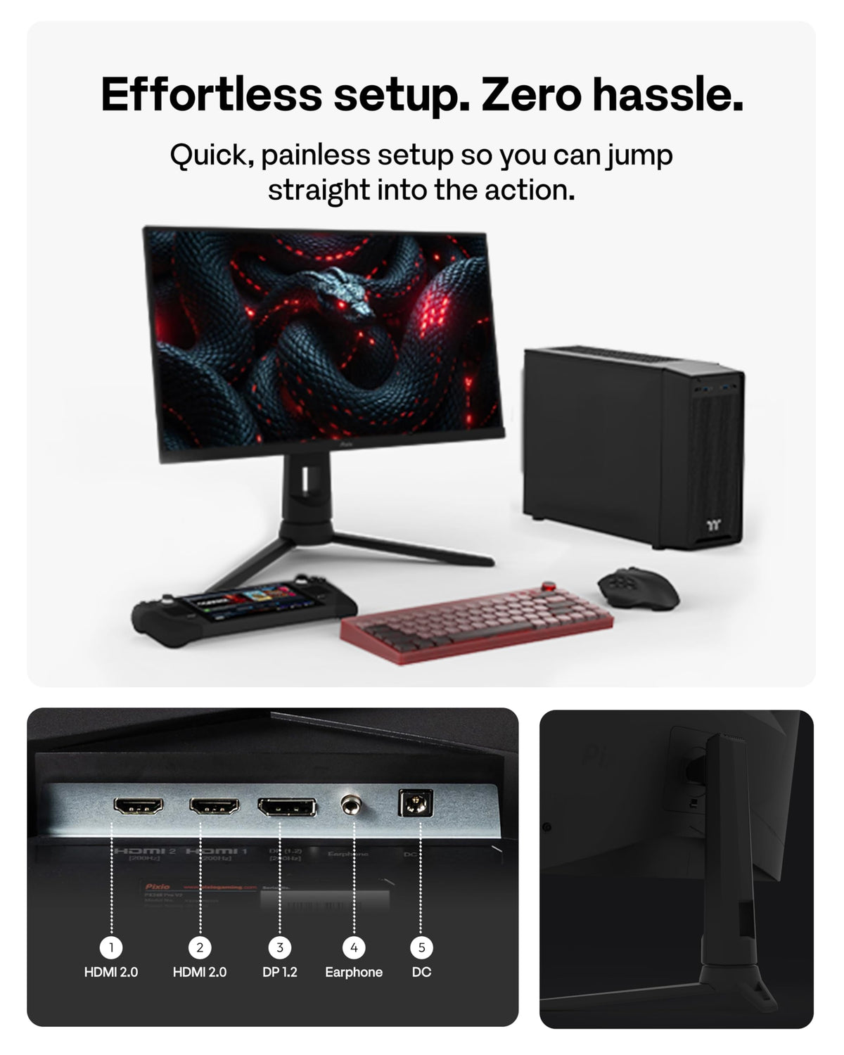 Pixio PX248 PRO V2 24-inch display on a compact desk.