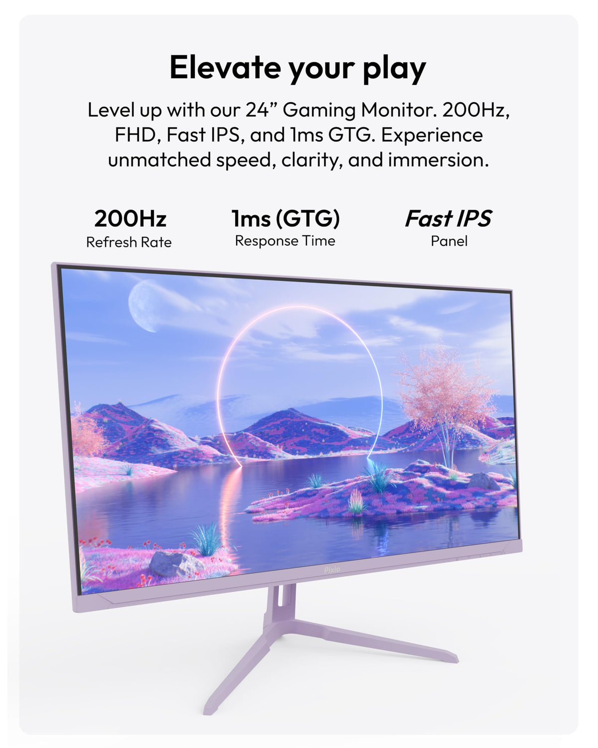 Pixio PX248 Wave Purple highlights 200Hz for ultra-smooth gameplay and reduced motion blur.