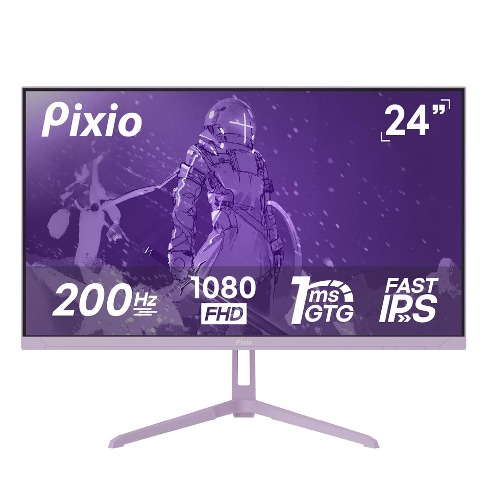 Pixio PX248 Wave Purple front view shows a 24-inch IPS display with vivid gaming visuals.