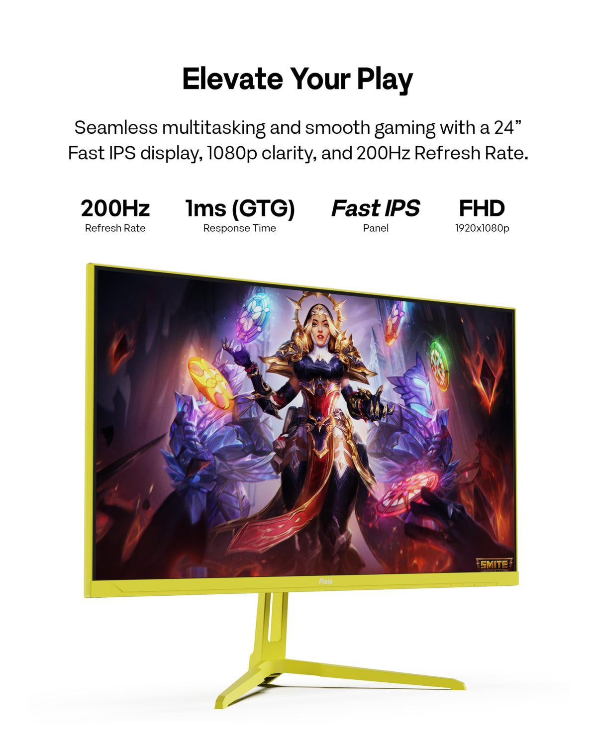 Pixio PX248 Wave Yellow IPS panel close-up highlights vibrant color and wide angles.