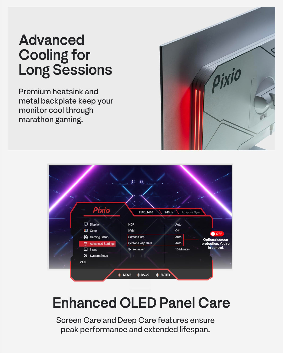 Pixio PX277 OLED Max V2 RGB light enhances desk aesthetics during gaming.