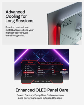 Pixio PX277 OLED Max V2 RGB light enhances desk aesthetics during gaming.