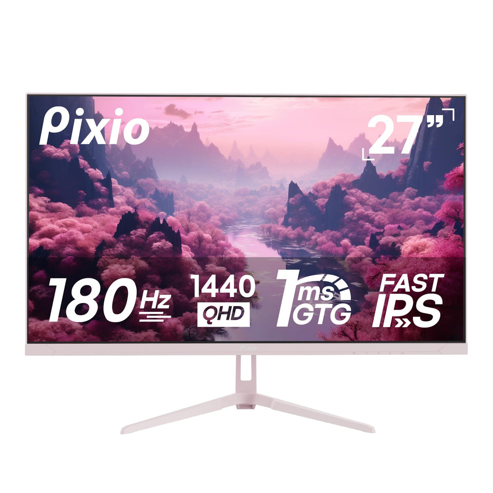 Pixio PX278 Wave Pink on desk for immersive gaming setup and vibrant visuals.