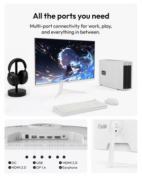 Pixio PX279 Wave White close-up panel emphasizing crisp 1ms response visuals.