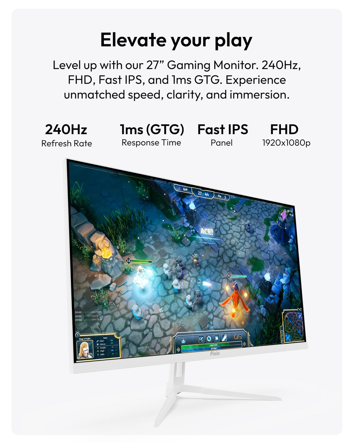 Pixio PX279 Wave White side view highlights slim profile and minimal bezels for immersion.