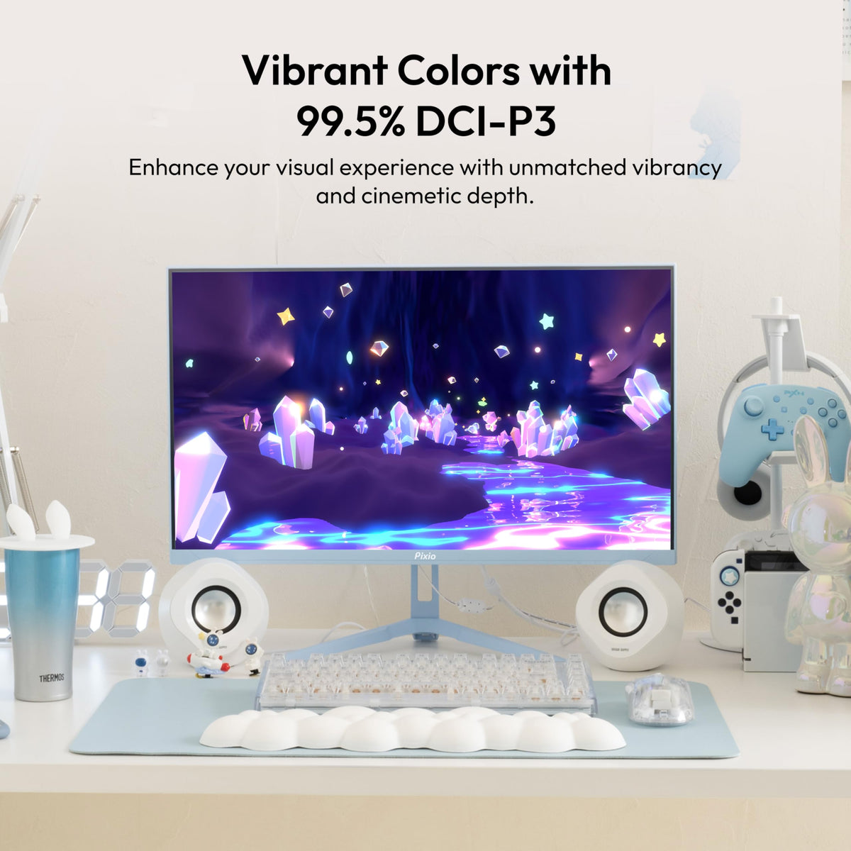 Pixio PX27U Wave Blue tilt-adjustable stand for comfortable viewing.