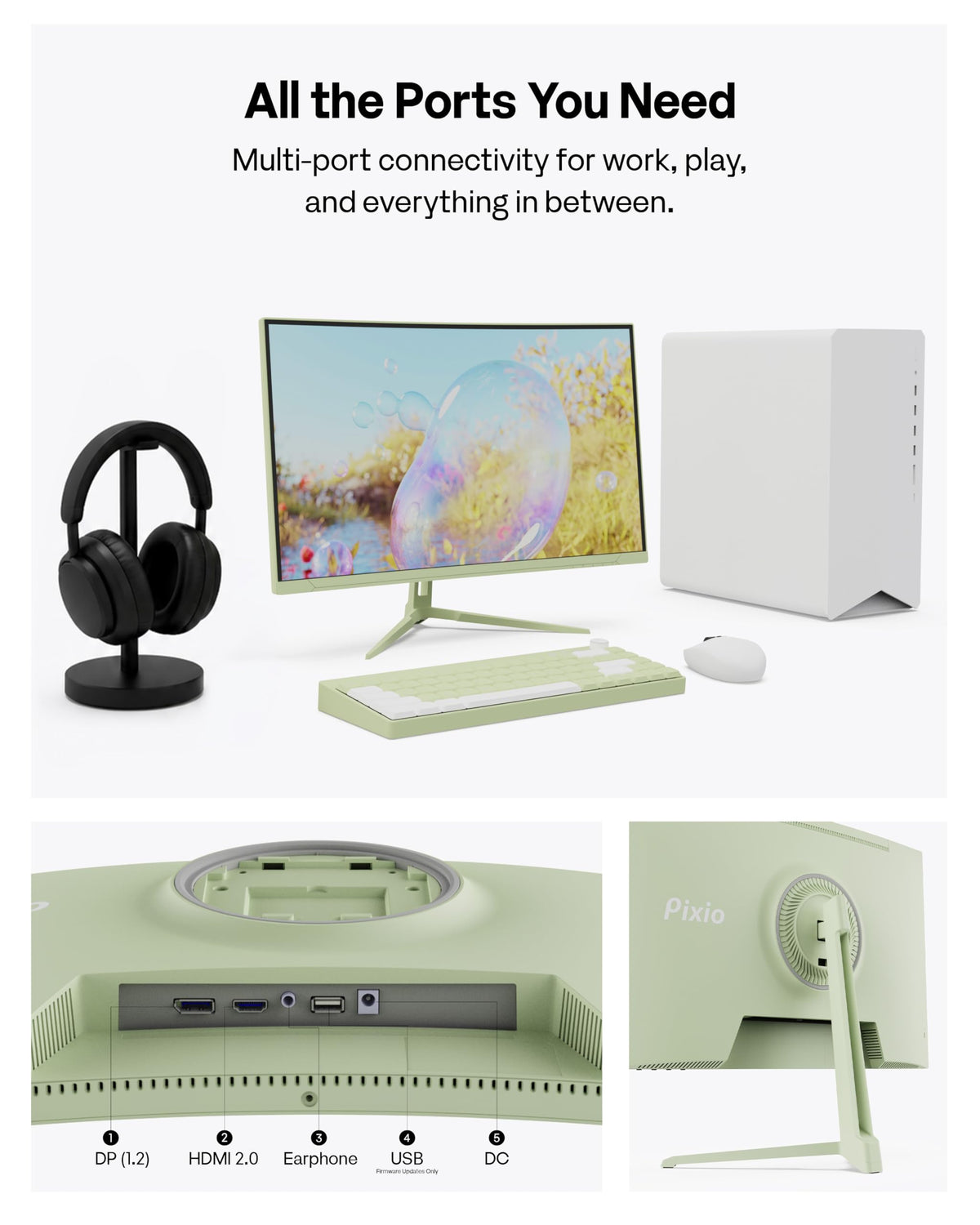 Pixio PXC248 stand base provides stable support during intense gameplay.