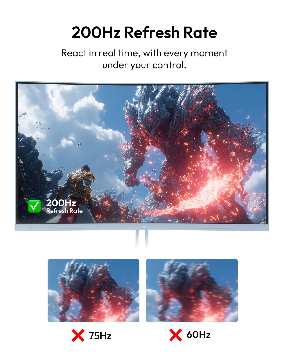 Pixio PXC248 Wave Blue 200Hz refresh emphasizes ultra-smooth, responsive gameplay.