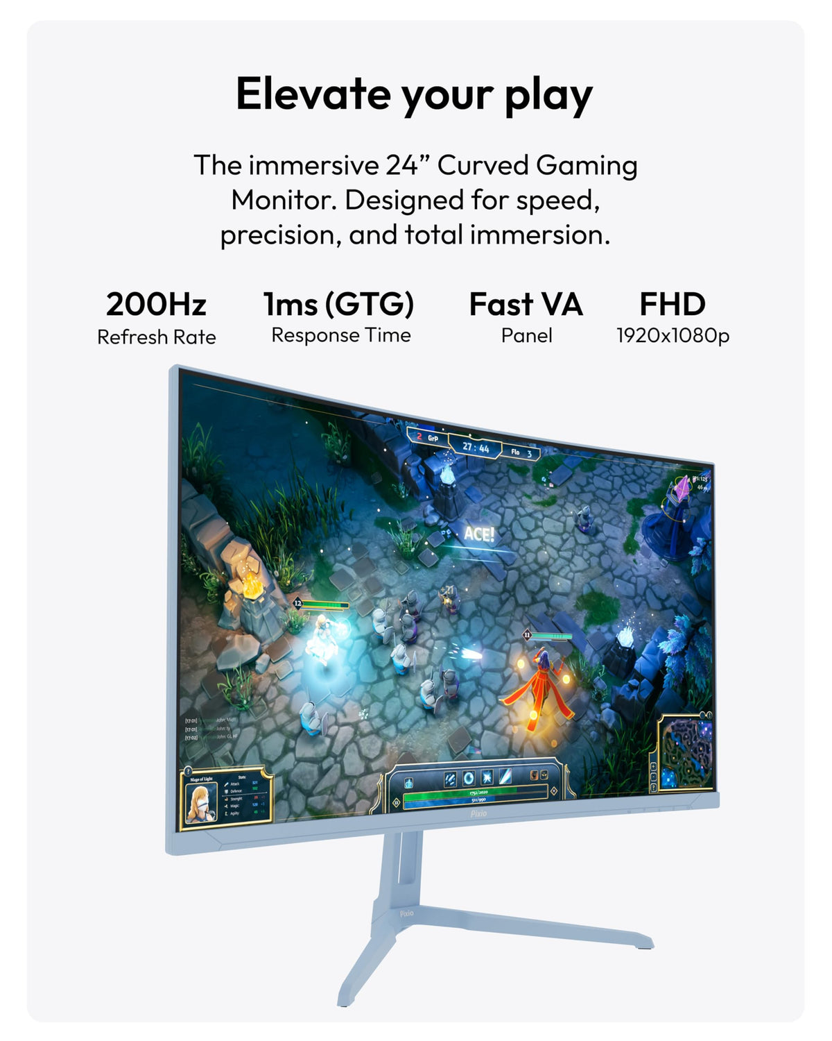 Pixio PXC248 Wave Blue curved panel view enhances immersion for long gaming sessions.