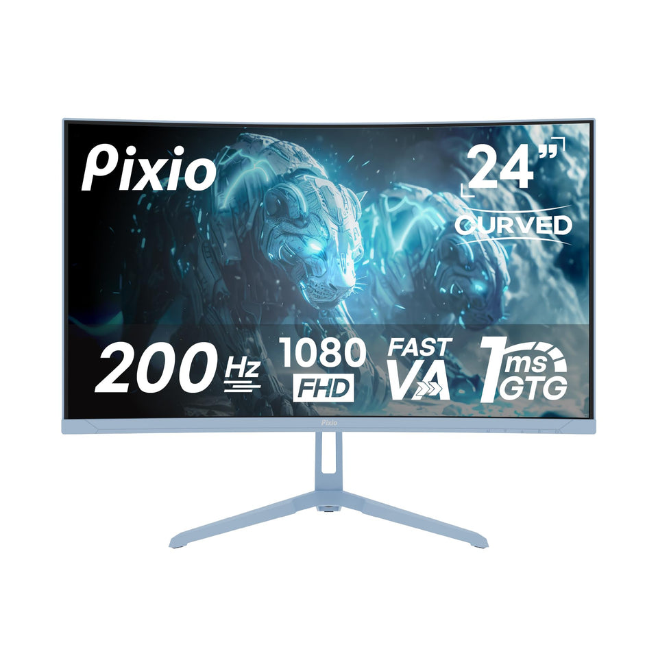 Pixio PXC248 Wave Blue front view highlighting compact 24-inch desktop-friendly size for gaming.