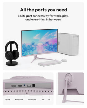 Pixio PXC248 Wave Pink on-desk setup demonstrating compact footprint