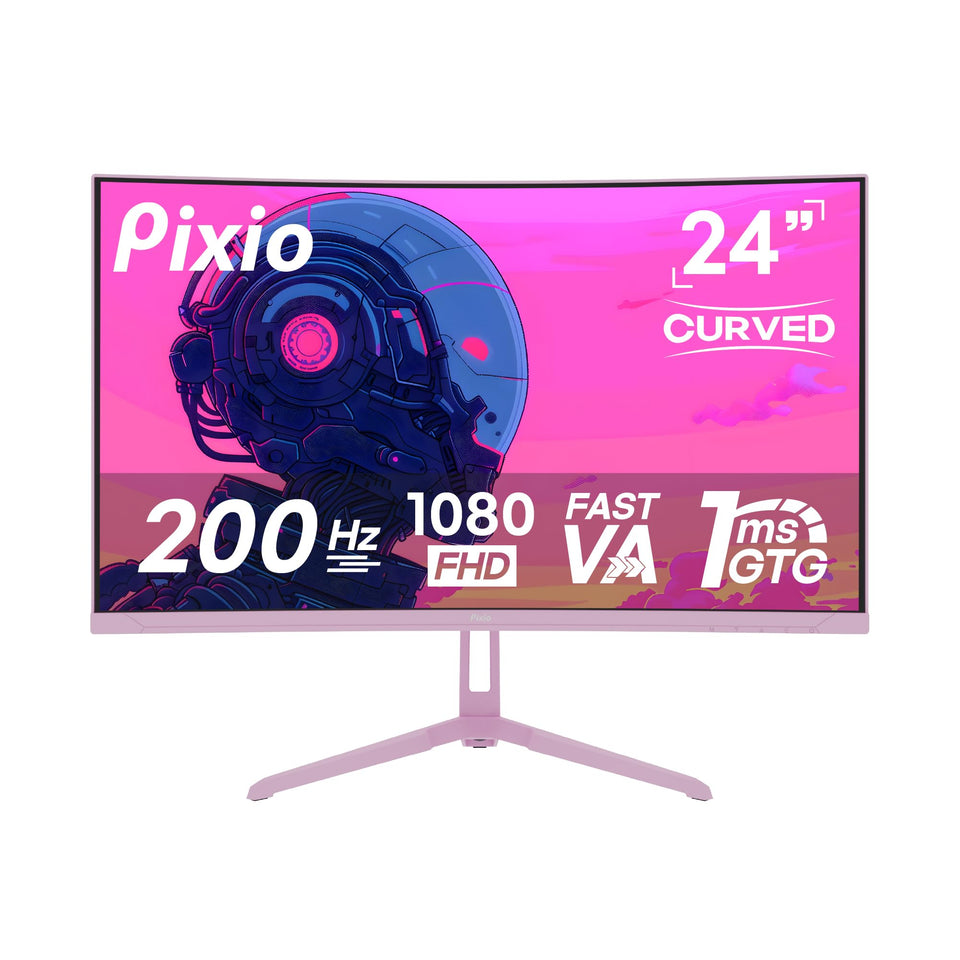 Pixio PXC248 Wave Pink front view showing immersive curved display for gaming
