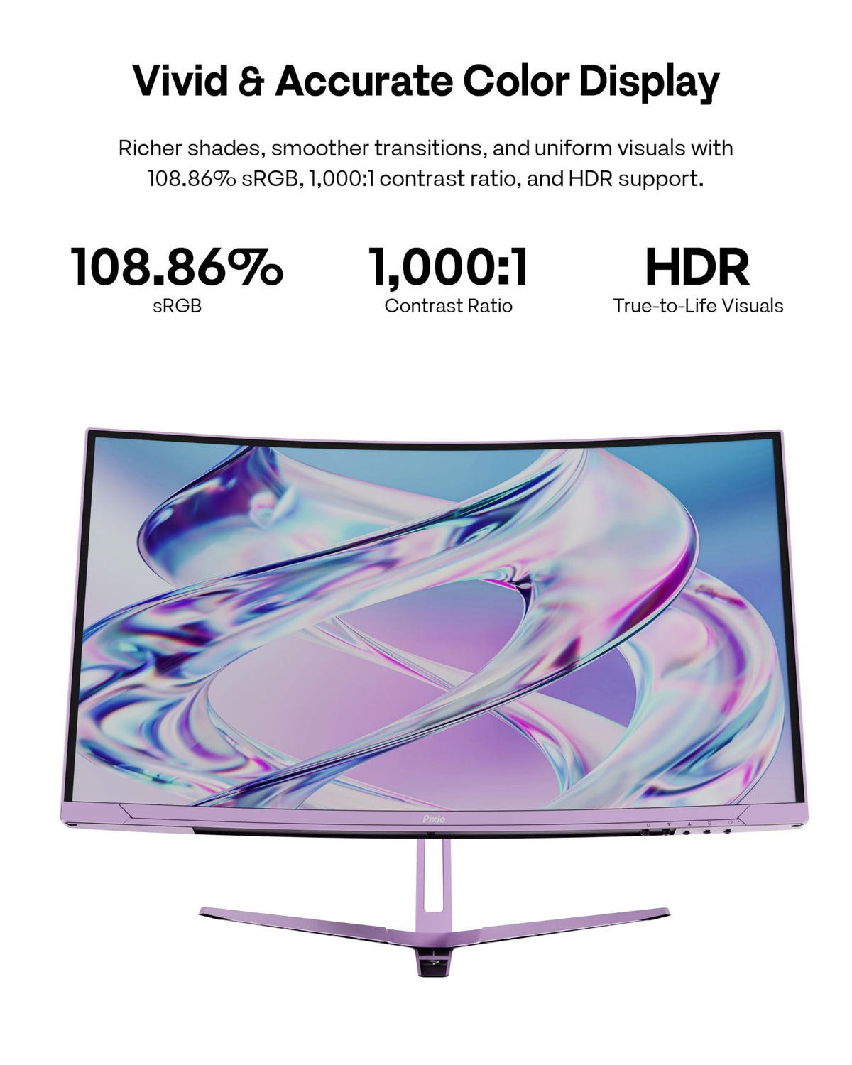 Pixio PXC248 Wave Purple Fast VA panel delivers strong contrast and vivid colors.