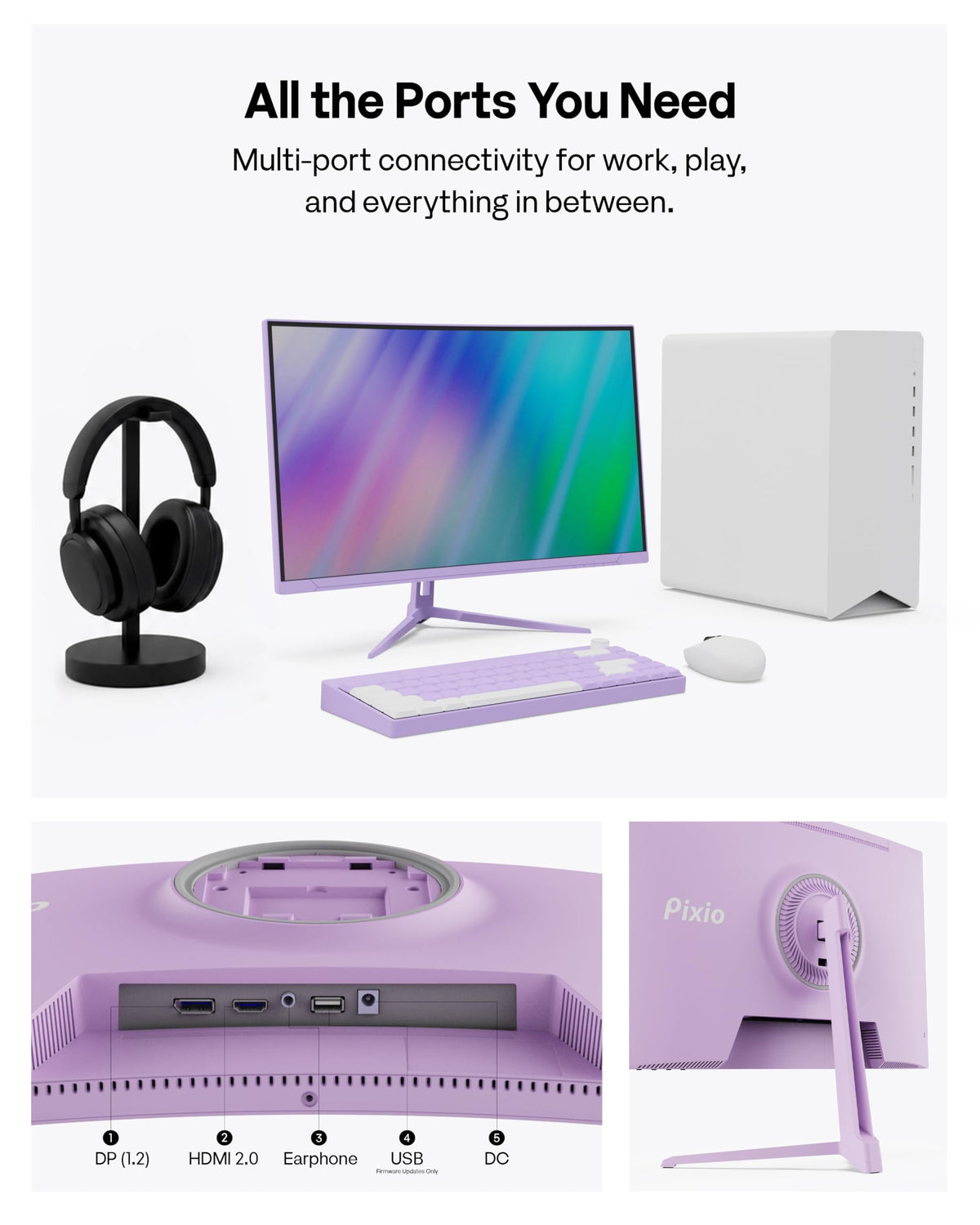 Pixio PXC248 Wave Purple FHD 1080p clarity for everyday media and gaming.