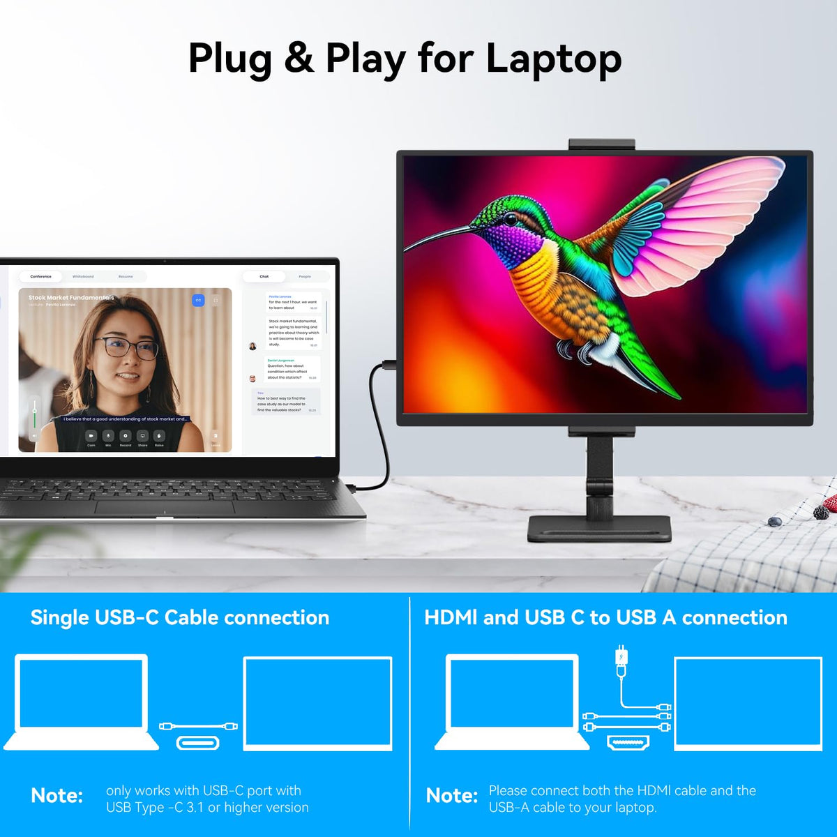Pixluxe monitor built-in stand demonstrates hands-free tilt during travel.