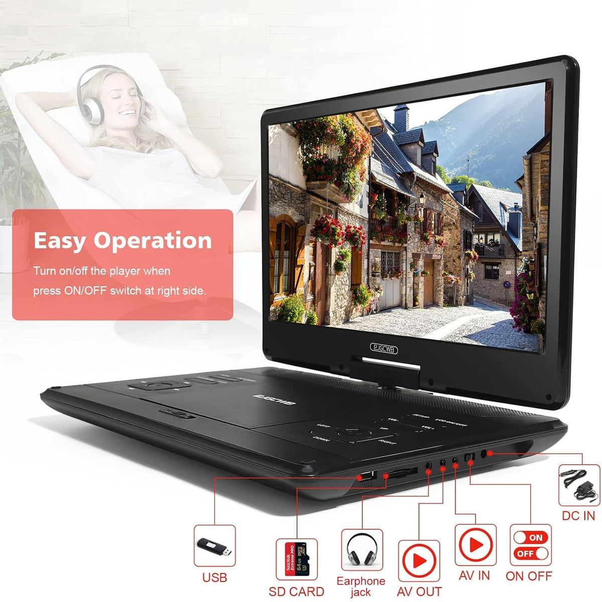 PJGCWB 14-1 inch HD screen provides clear entertainment anywhere.