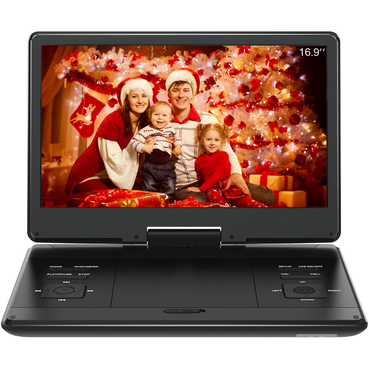 PJGCWB portable DVD player with swivel screen for backseat viewing on road trips.