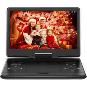 PJGCWB portable DVD player with swivel screen for backseat viewing on road trips.