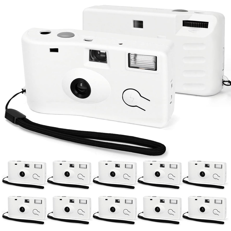 PJPSAA disposable camera with flash in white, compact for easy event photos.