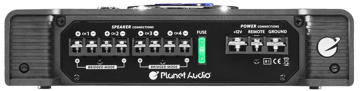Planet Audio AC1200.4 Anarchy outputs diagram highlighting 4-channel full-range and subwoofer use