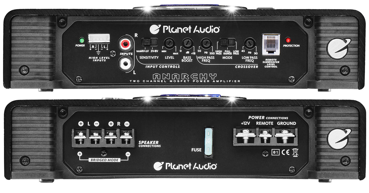 Planet Audio AC1200.2 bridged hookup to subwoofer showing increased bass output capability