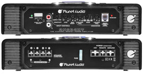 Planet Audio AC1200.2 bridged hookup to subwoofer showing increased bass output capability