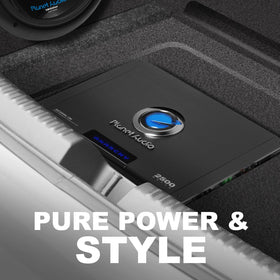 Planet Audio AC2500.1M installation in car trunk demonstrating space-saving setup