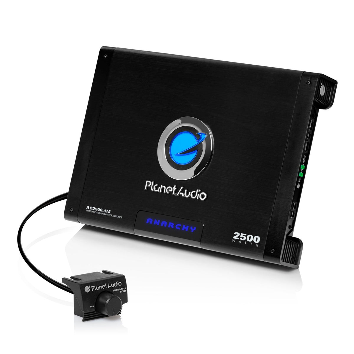 Planet Audio AC2500.1M front view showing mono-block design for strong bass output