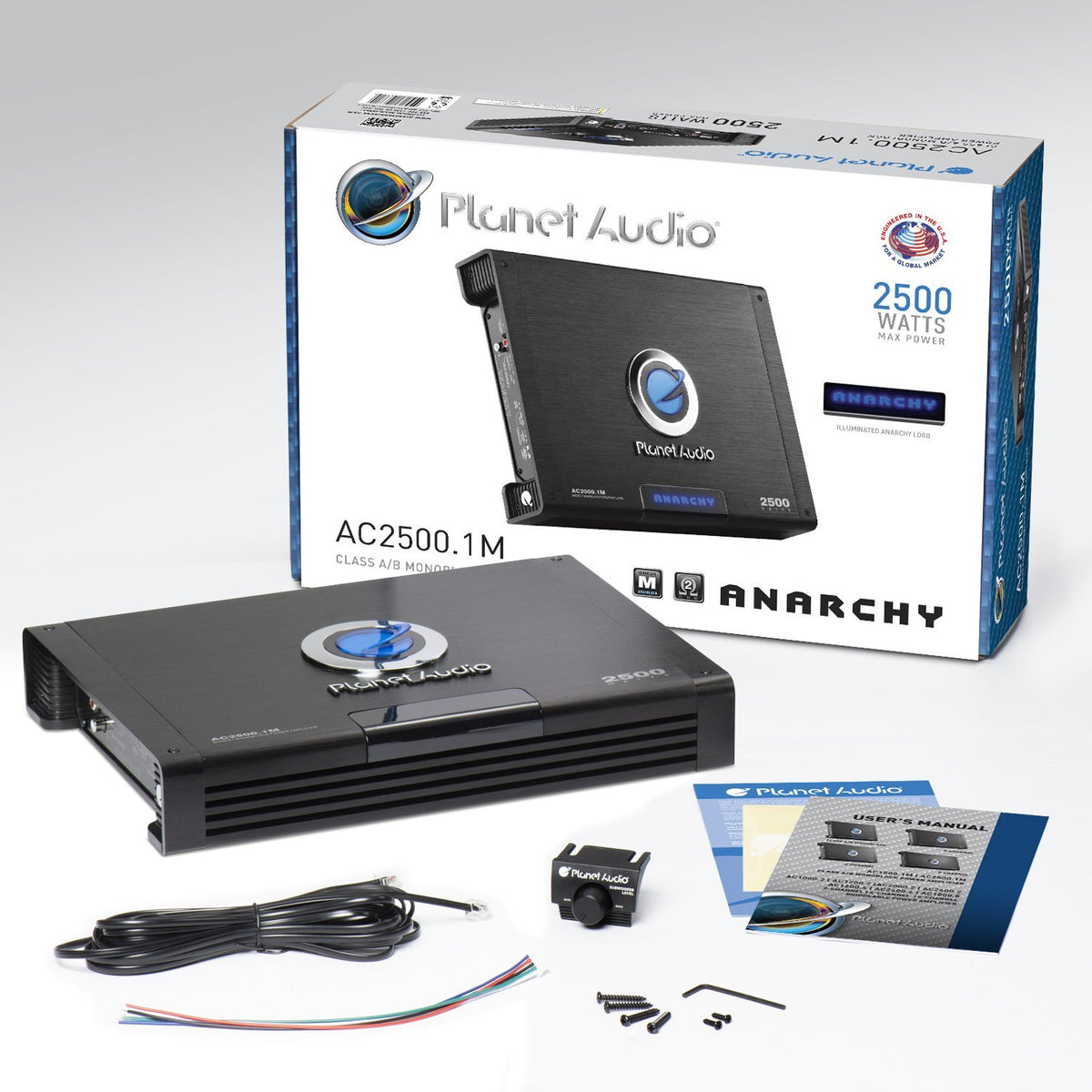 Planet Audio AC2500.1M packaging with included mounting hardware